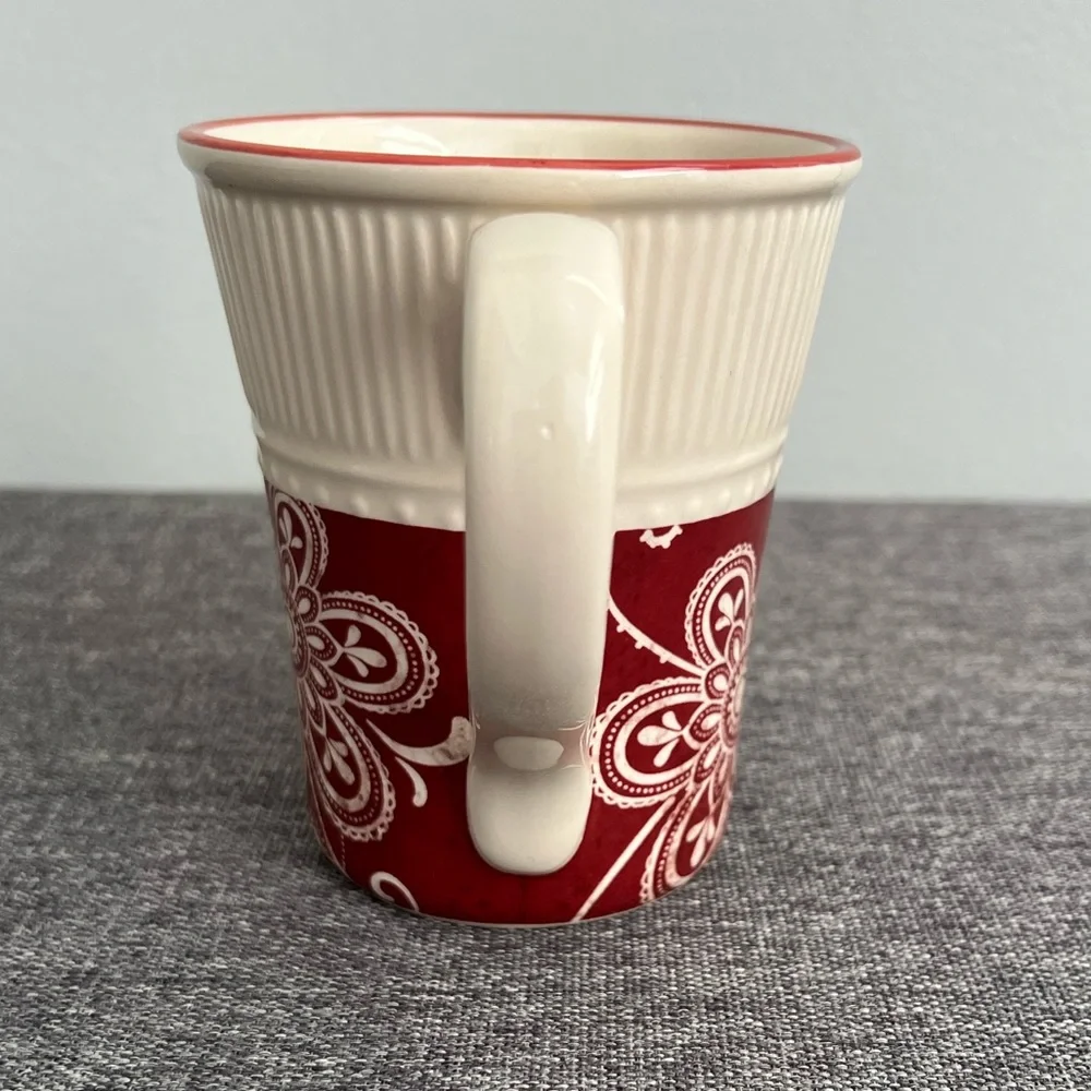 Pier 1 Imports Maribeth Red Cream Floral Coffee Mug Ridged Ironstone CHIPS READ